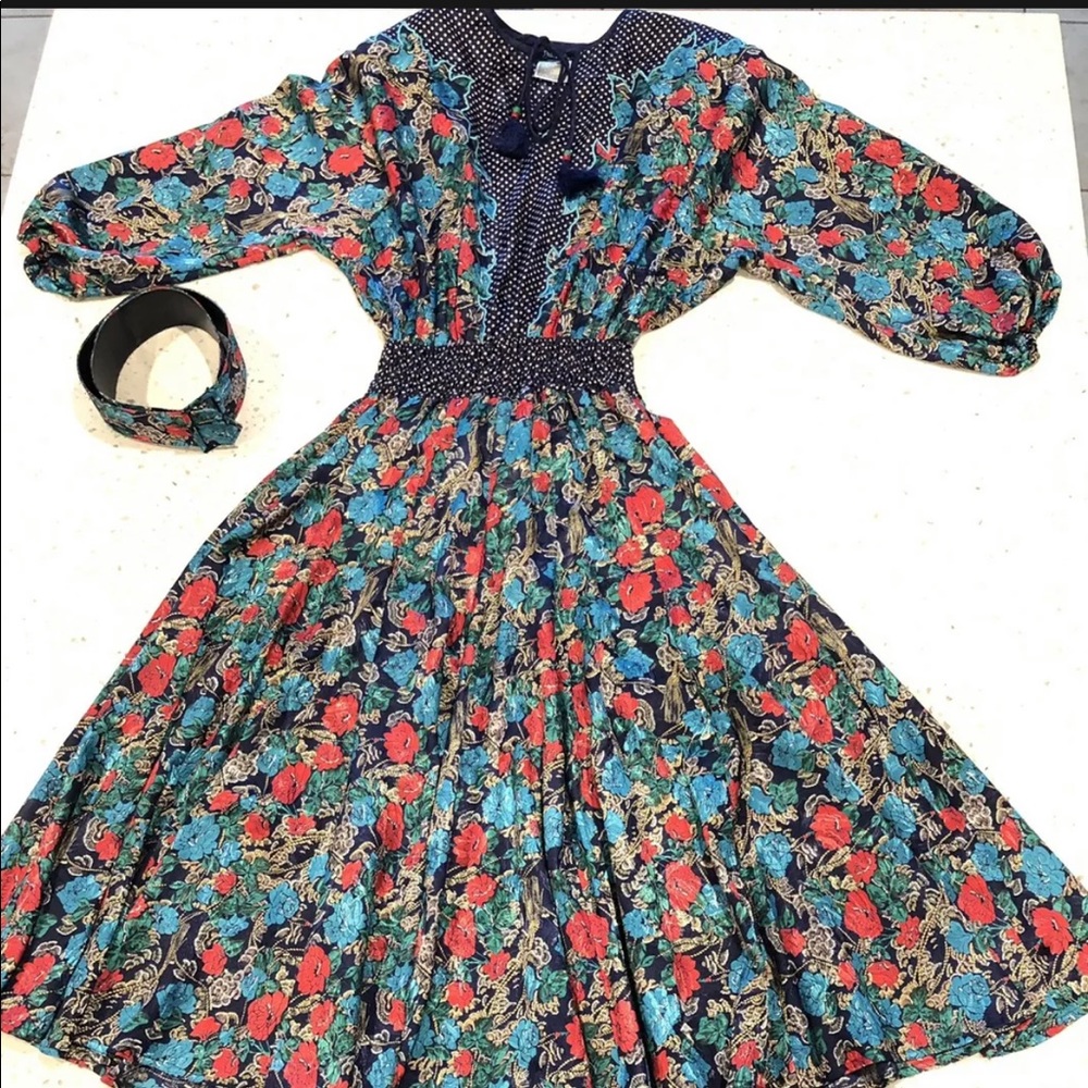Vintage Diane Freis 1980’s Blue Floral Dress W/ Matching Belt